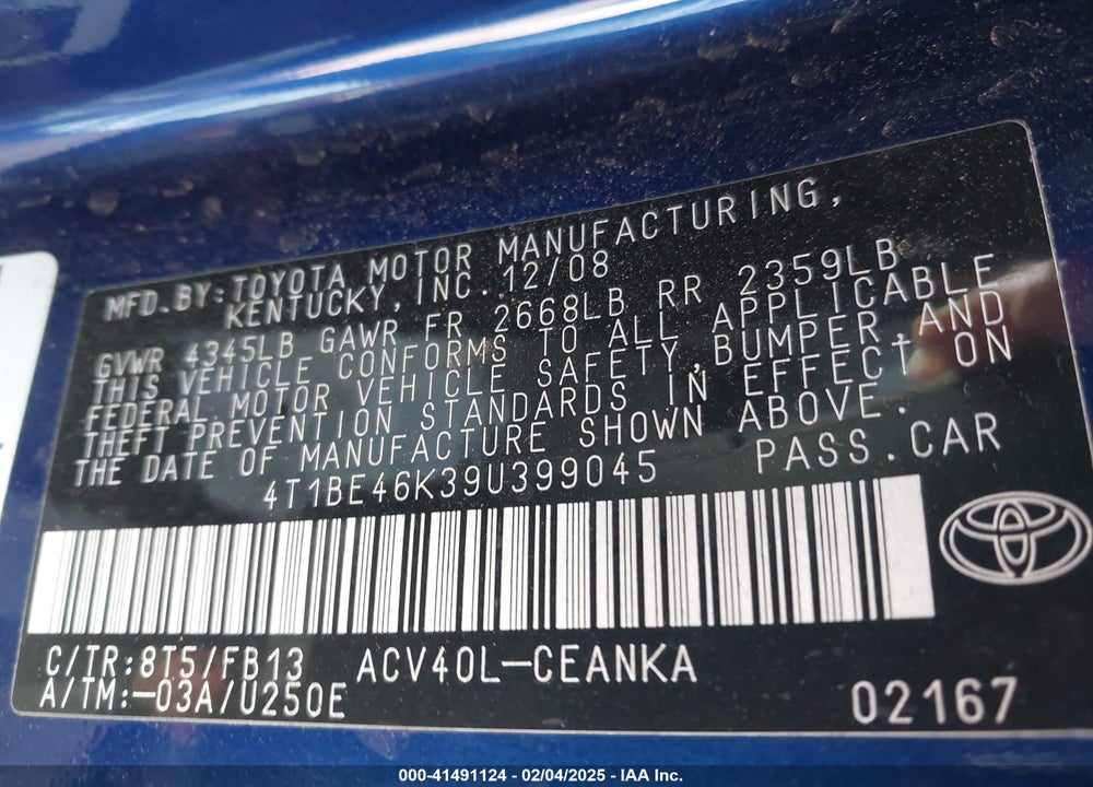 2009 TOYOTA CAMRY VIN: 4T1BE46K39U399045