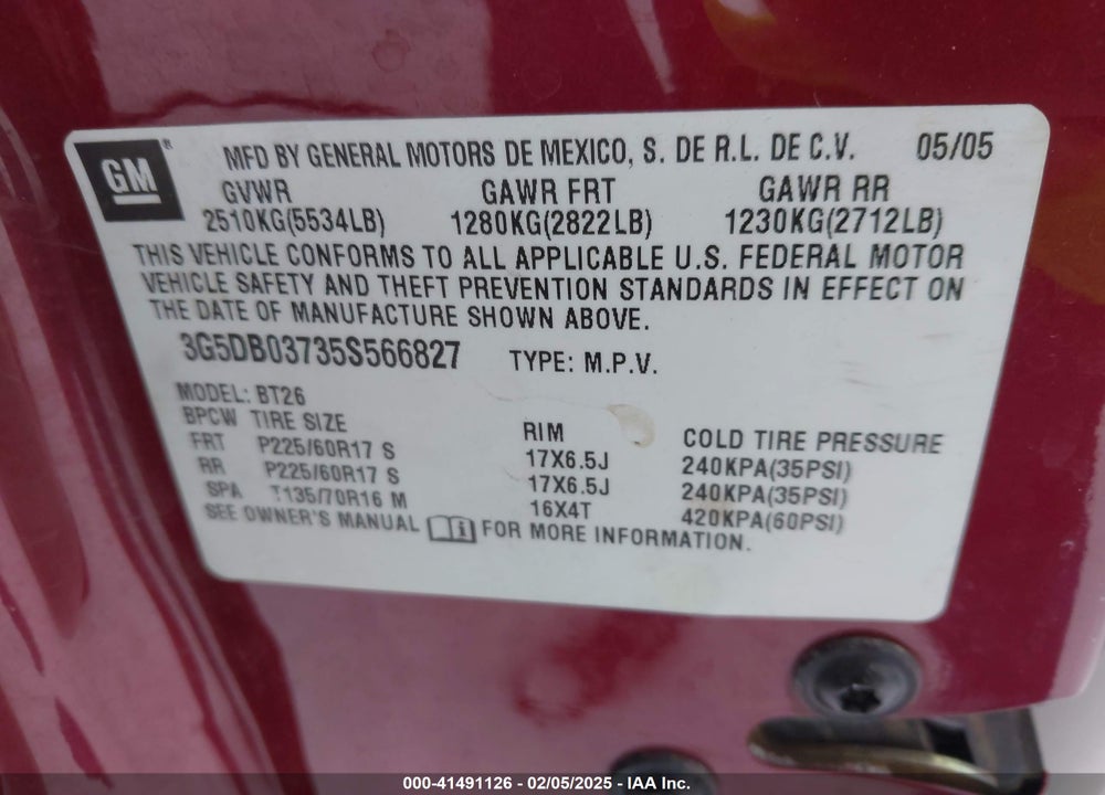 2005 BUICK RENDEZVOUS CX VIN: 3G5DB03735S566827