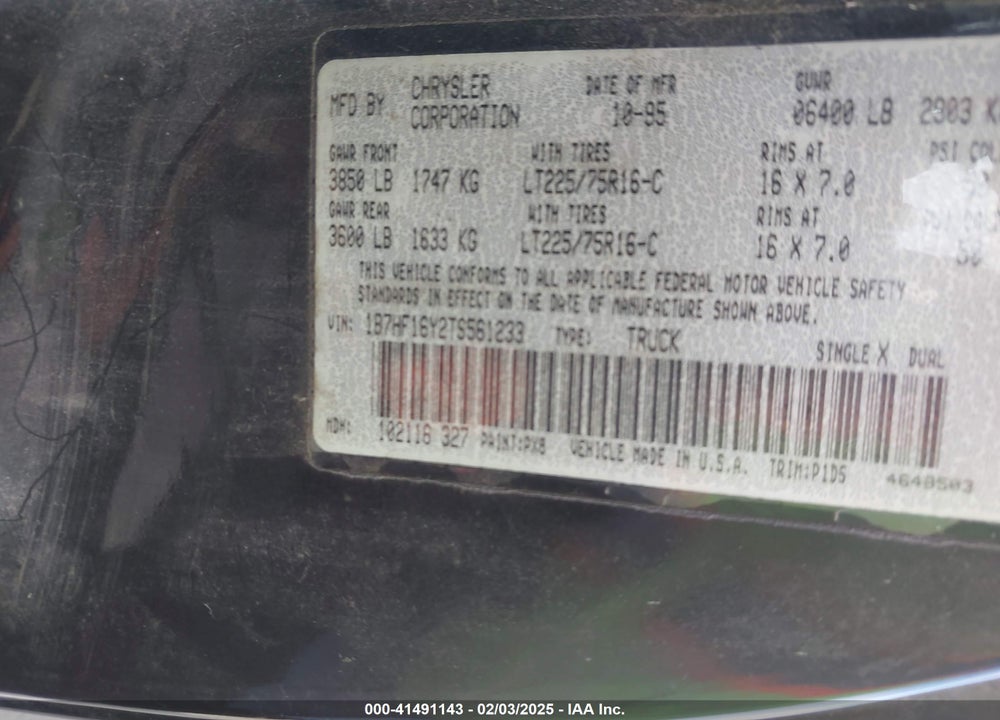 1996 DODGE RAM 1500 VIN: 1B7HF16Y2TS561233