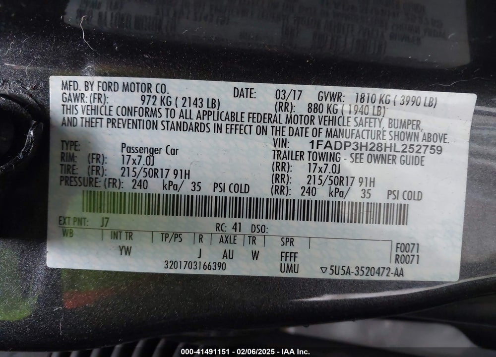 2017 FORD FOCUS SEL VIN: 1FADP3H28HL252759