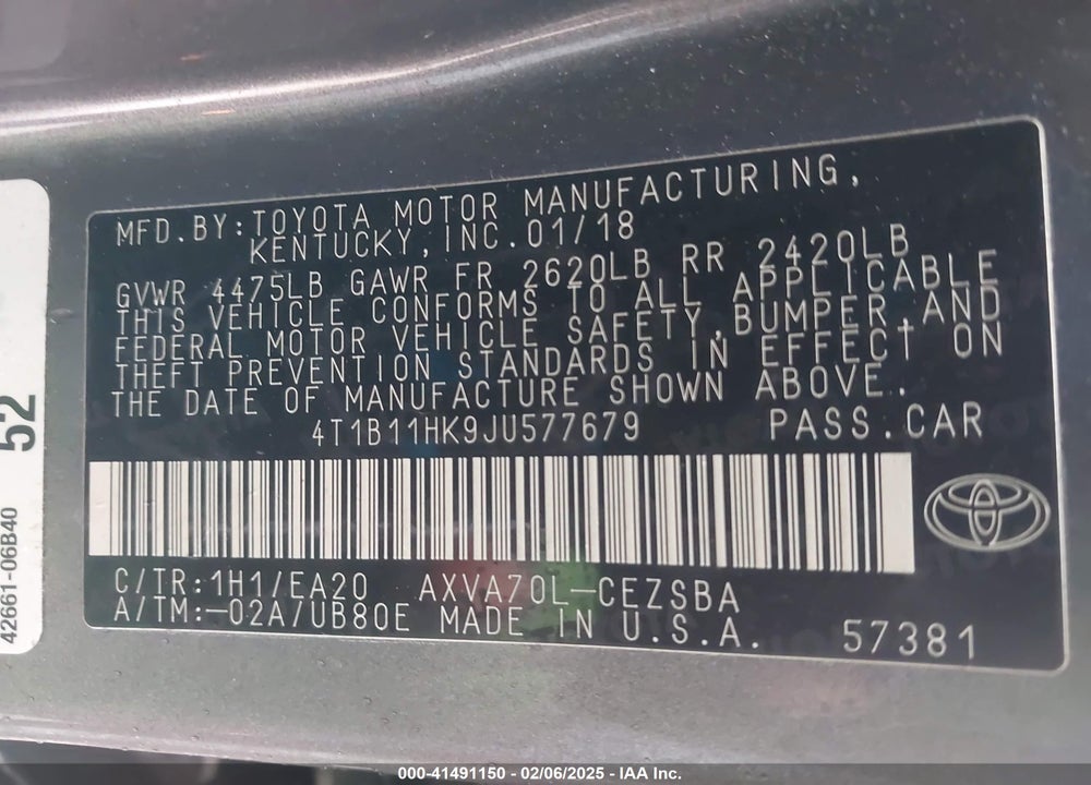 2018 TOYOTA CAMRY VIN: 4T1B11HK9JU577679