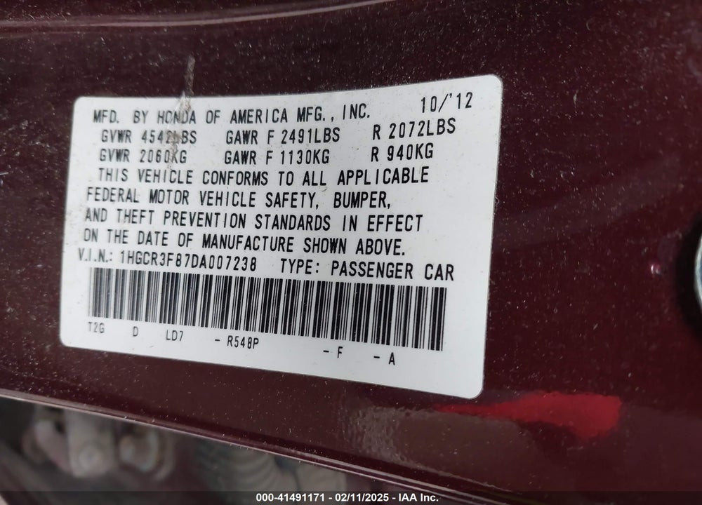 2013 HONDA ACCORD VIN: 1HGCR3F87DA007238