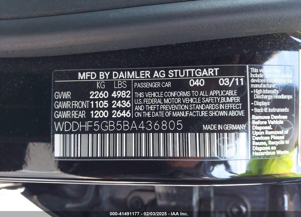 2011 MERCEDES-BENZ E 350 VIN: WDDHF5GB5BA436805
