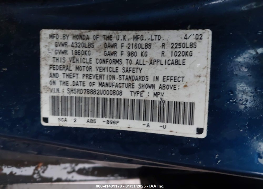 2002 HONDA CR-V EX VIN: SHSRD78882U000808