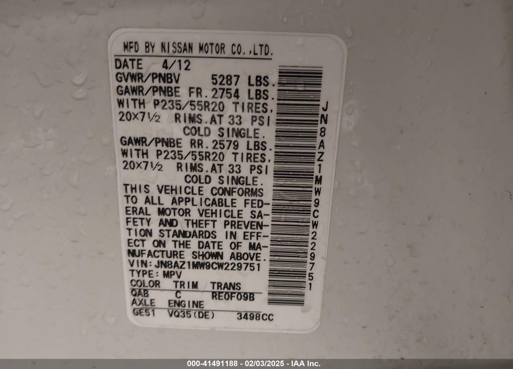 2012 NISSAN MURANO LE VIN: JN8AZ1MW9CW229751