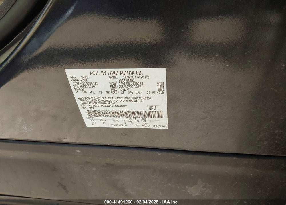 2017 FORD EXPLORER XLT VIN: 1FM5K7D82HGA54052