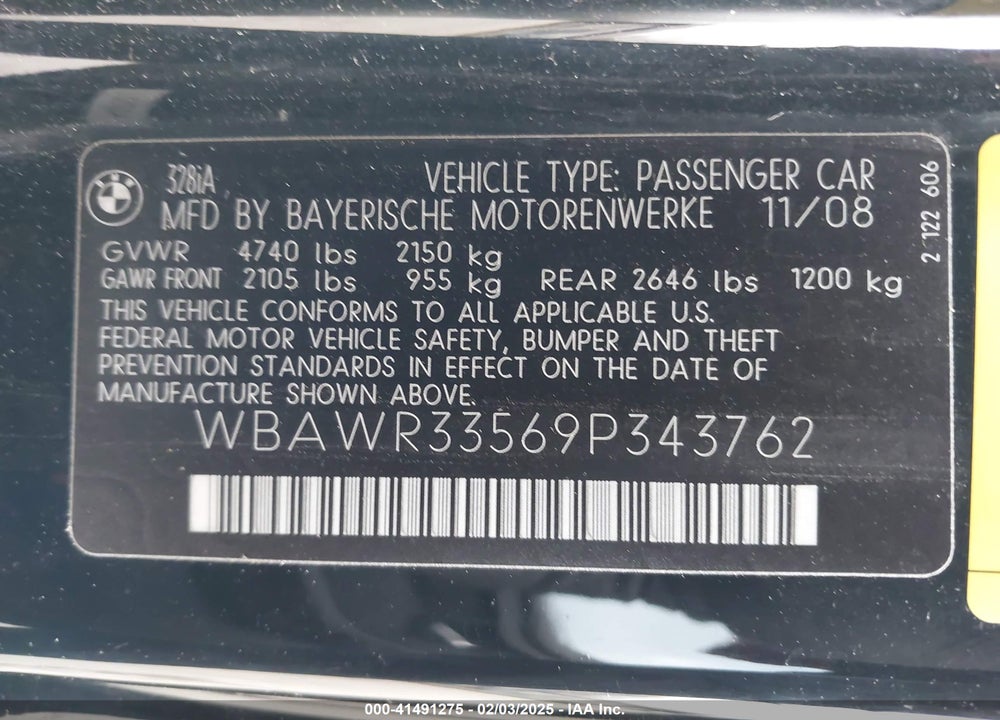 2009 BMW 328I VIN: WBAWR33569P343762