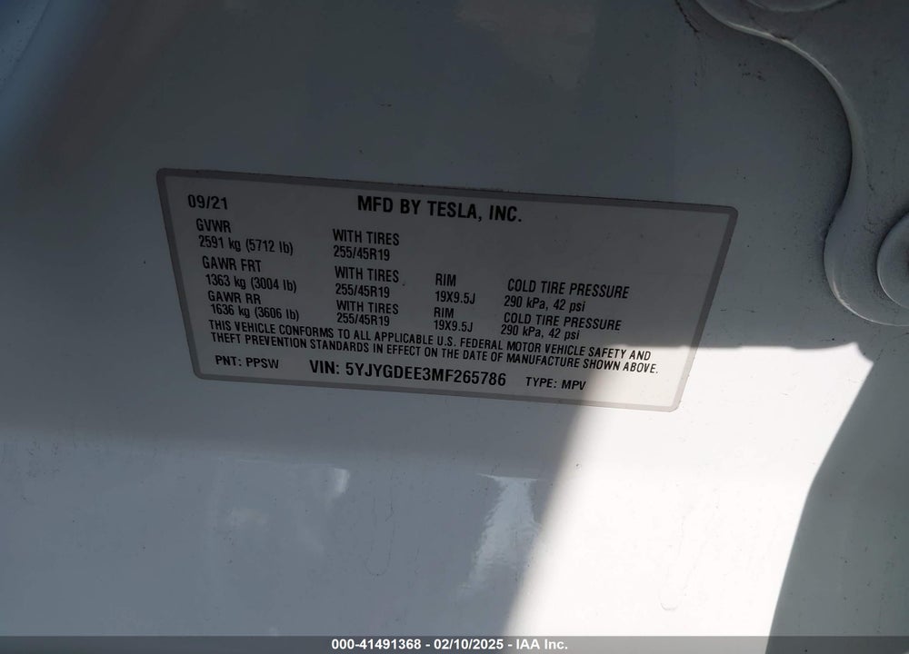 2021 TESLA MODEL Y LONG RANGE DUAL MOTOR ALL-WHEEL DRIVE VIN: 5YJYGDEE3MF265786