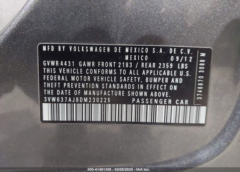2013 VOLKSWAGEN JETTA HYBRID VIN: 3VW637AJ8DM230225
