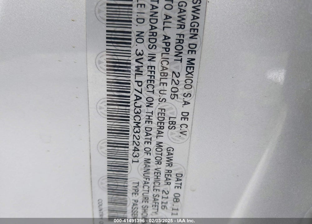 2012 VOLKSWAGEN JETTA VIN: 3VWLP7AJ3CM322431