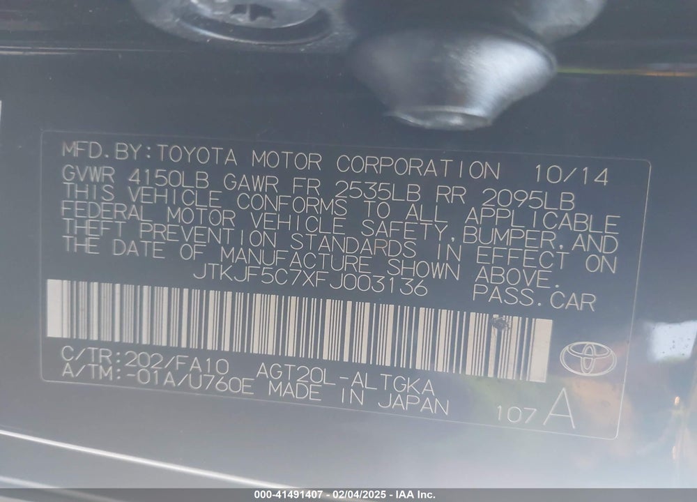 2015 SCION TC VIN: JTKJF5C7XFJ003136