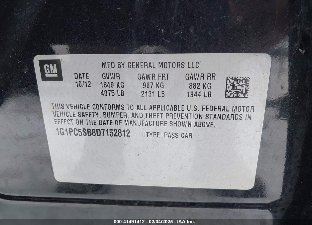 2013 CHEVROLET CRUZE VIN: 1G1PC5SB8D7152812