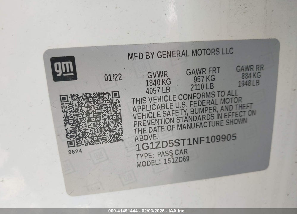 2022 CHEVROLET MALIBU VIN: 1G1ZD5ST1NF109905