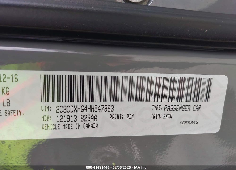 2017 DODGE CHARGER VIN: 2C3CDXHG4HH547893