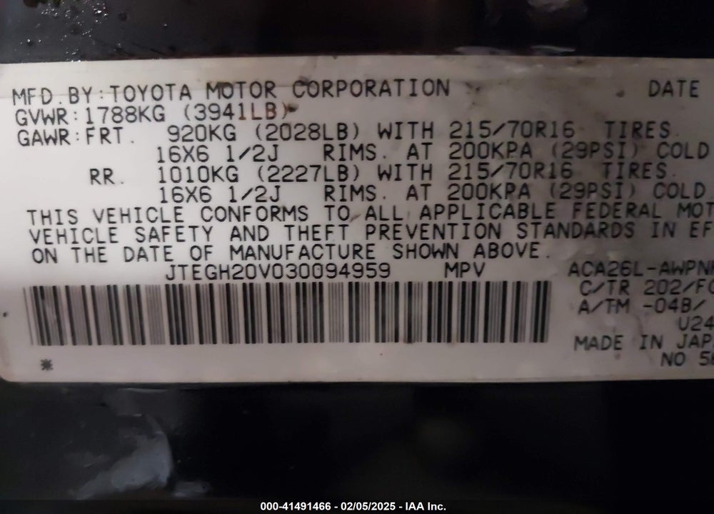 2003 TOYOTA RAV4 VIN: JTEGH20V030094959