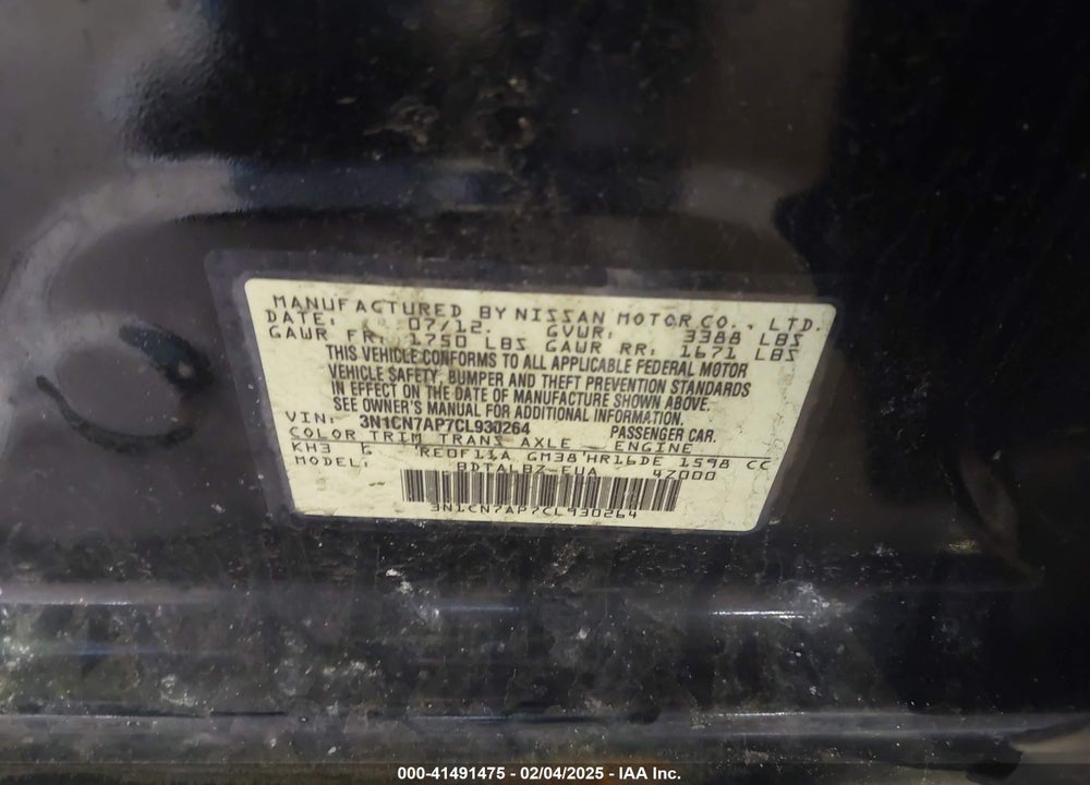 2012 NISSAN VERSA VIN: 3N1CN7AP7CL930264
