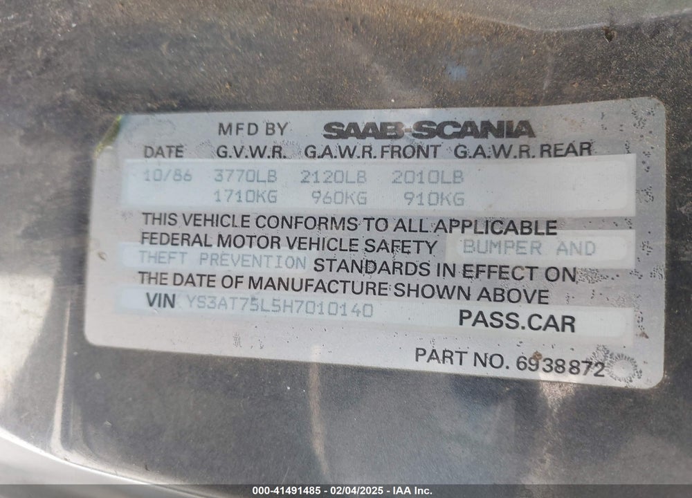 1987 SAAB 900 VIN: YS3AT75L5H7010140