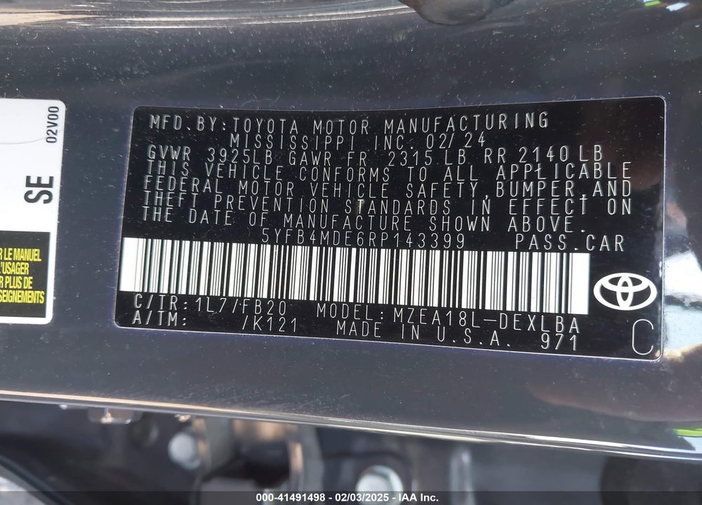 2024 TOYOTA COROLLA VIN: 5YFB4MDE6RP143399