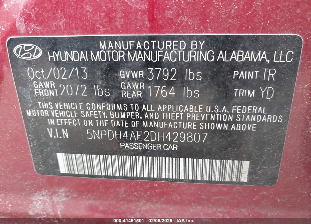 2013 HYUNDAI ELANTRA VIN: 5NPDH4AE2DH429807