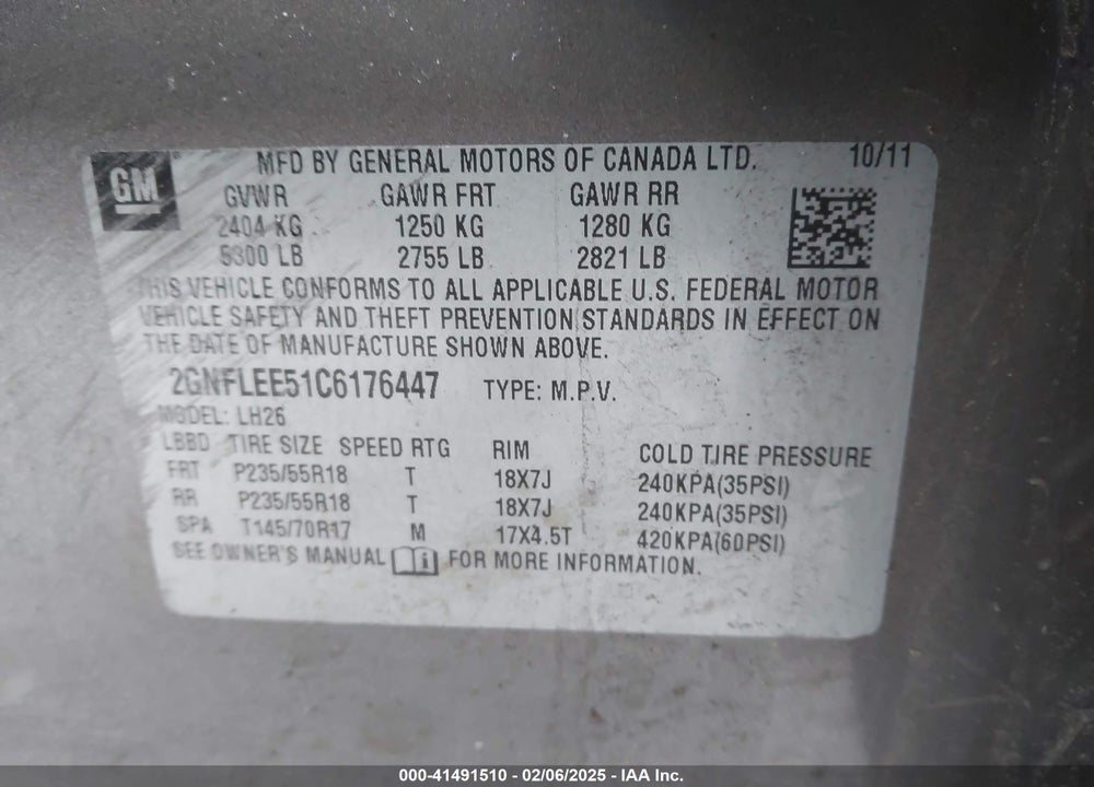 2012 CHEVROLET EQUINOX 1LT VIN: 2GNFLEE51C6176447