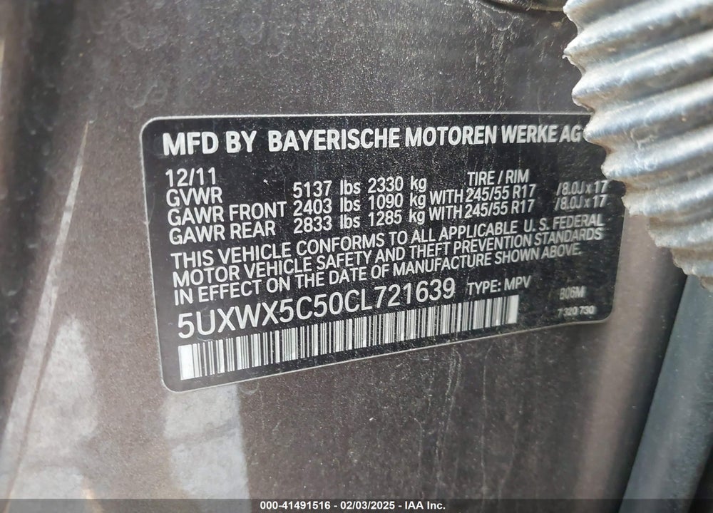 2012 BMW X3 VIN: 5UXWX5C50CL721639