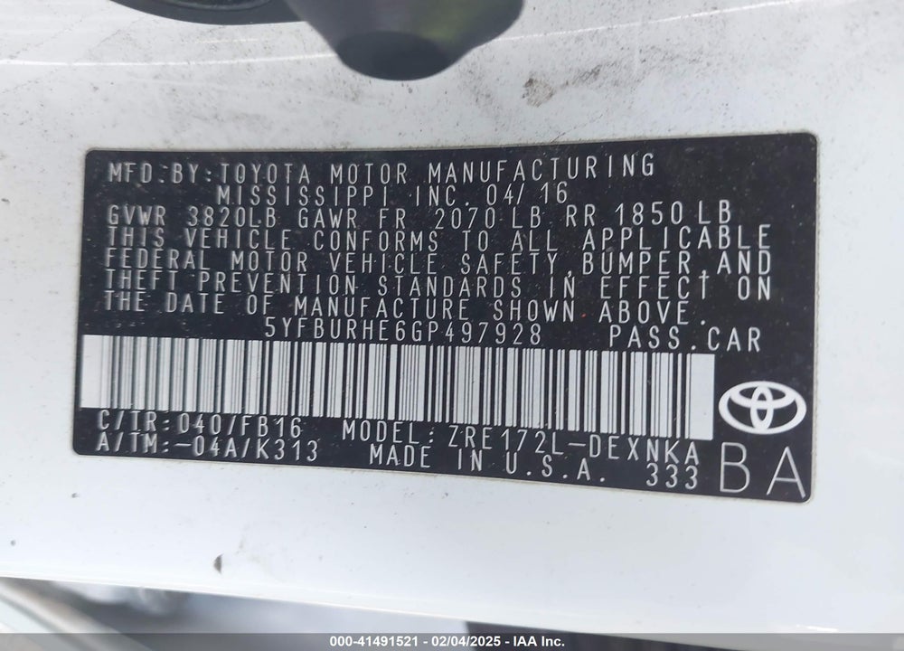 2016 TOYOTA COROLLA VIN: 5YFBURHE6GP497928