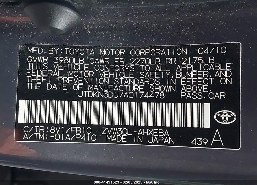 2010 TOYOTA PRIUS III VIN: JTDKN3DU7A0174478