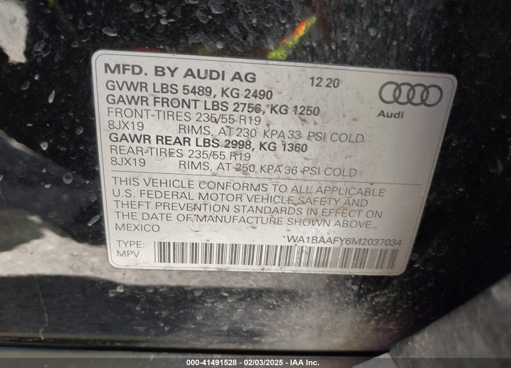 2021 AUDI Q5 VIN: WA1BAAFY6M2037034