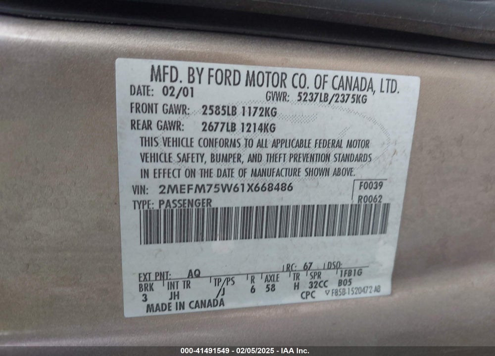 2001 MERCURY GRAND MARQUIS VIN: 2MEFM75W61X668486