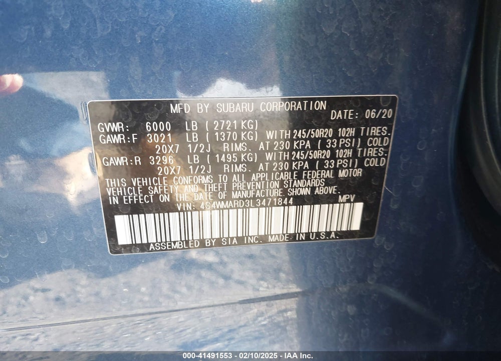 2020 SUBARU ASCENT VIN: 4S4WMARD3L3471844