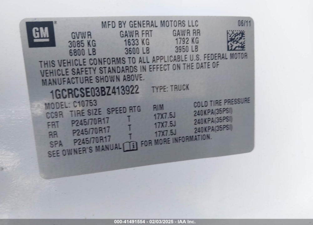 2011 CHEVROLET SILVERADO 1500 LT VIN: 1GCRCSE03BZ413922