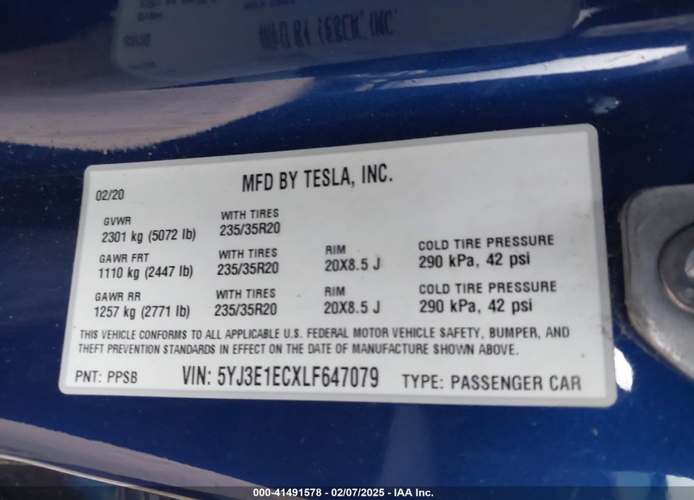 2020 TESLA MODEL 3 VIN: 5YJ3E1ECXLF647079