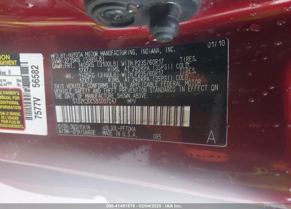 2011 TOYOTA SIENNA BASE V6 VIN: 5TDZK3DC5BS007047