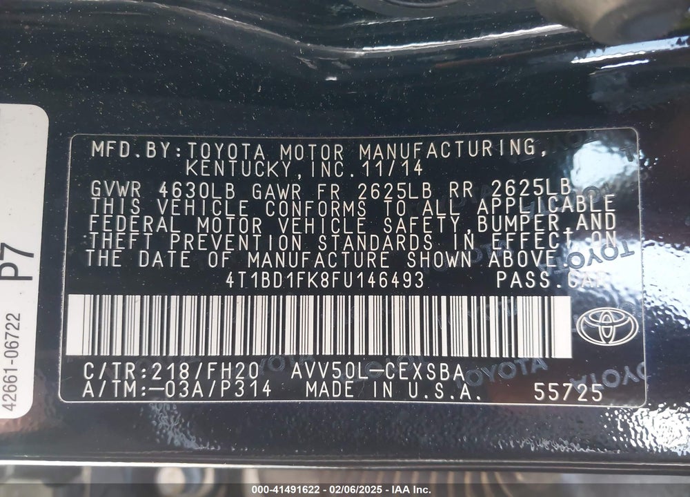 2015 TOYOTA CAMRY HYBRID SE VIN: 4T1BD1FK8FU146493