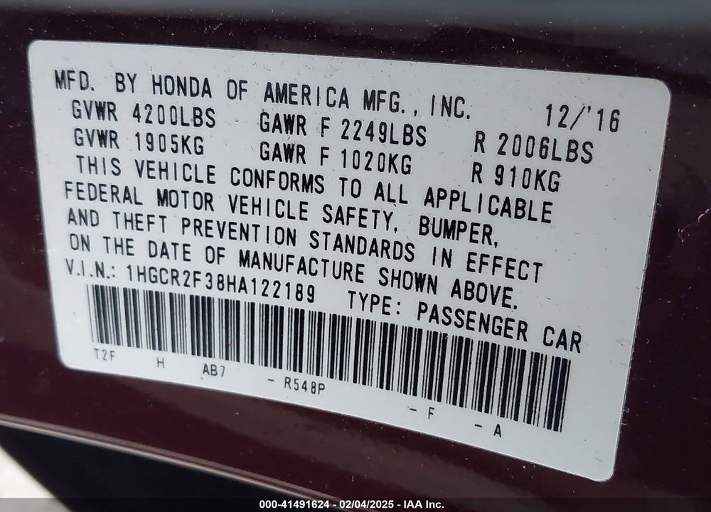 2017 HONDA ACCORD VIN: 1HGCR2F38HA122189