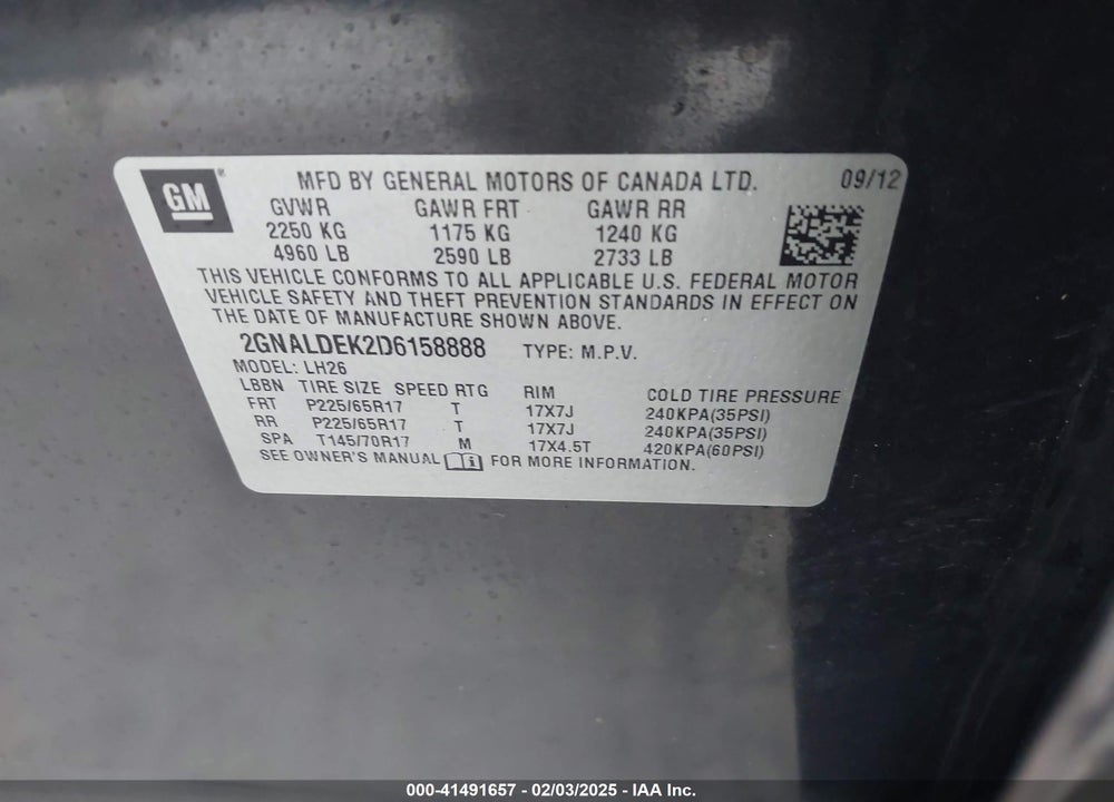 2013 CHEVROLET EQUINOX 1LT VIN: 2GNALDEK2D6158888