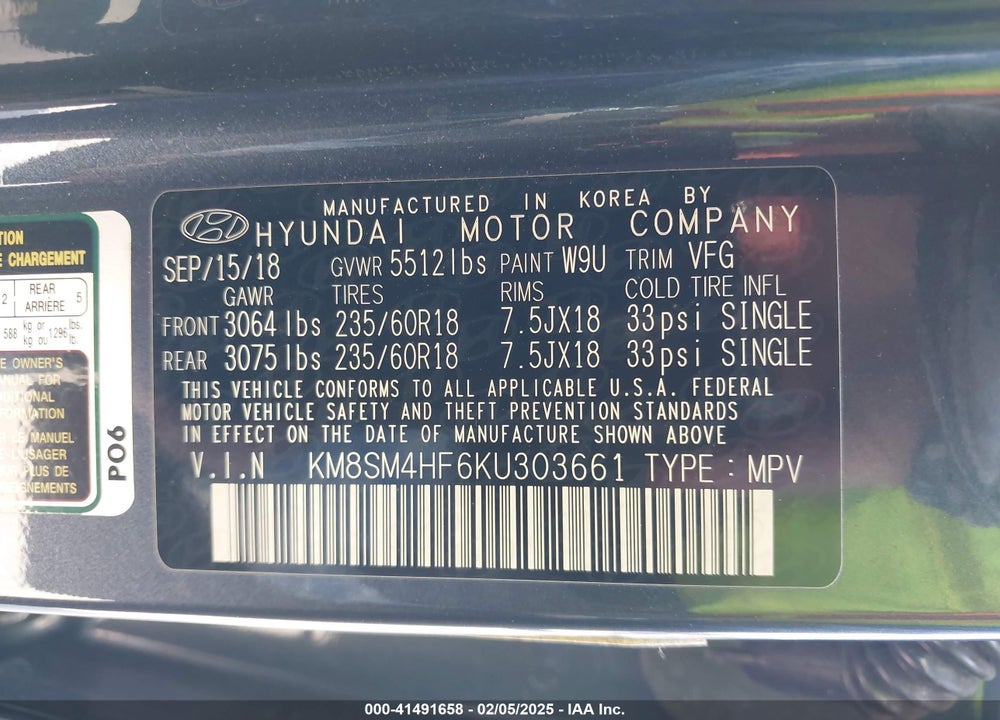 2019 HYUNDAI SANTA FE XL SE VIN: KM8SM4HF6KU303661