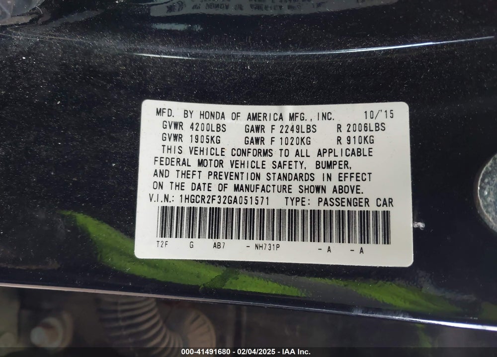 2016 HONDA ACCORD VIN: 1HGCR2F32GA051571