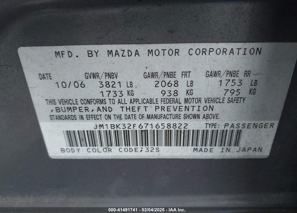 2007 MAZDA MAZDA3 VIN: JM1BK32F671658822