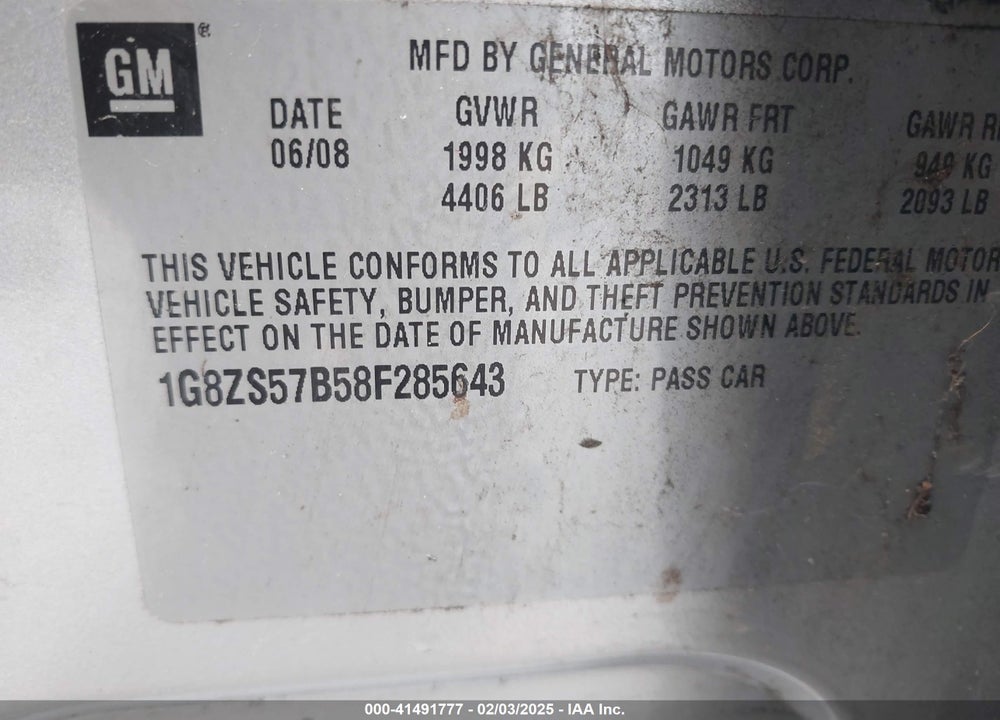 2008 SATURN AURA VIN: 1G8ZS57B58F285643