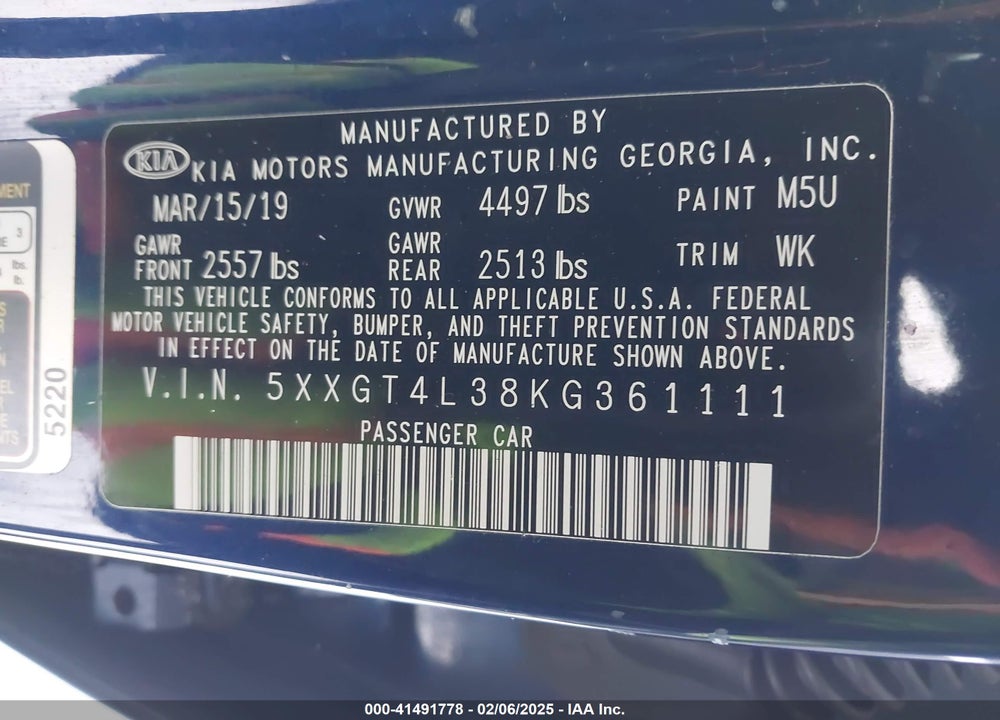 2019 KIA OPTIMA VIN: 5XXGT4L38KG361111