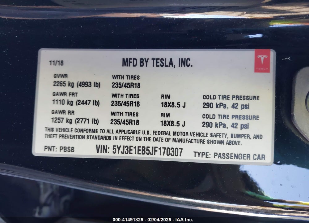 2018 TESLA MODEL 3 VIN: 5YJ3E1EB5JF170307