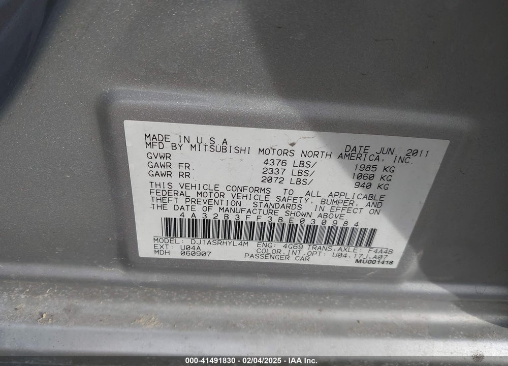 2011 MITSUBISHI GALANT VIN: 4A32B3FF3BE030984