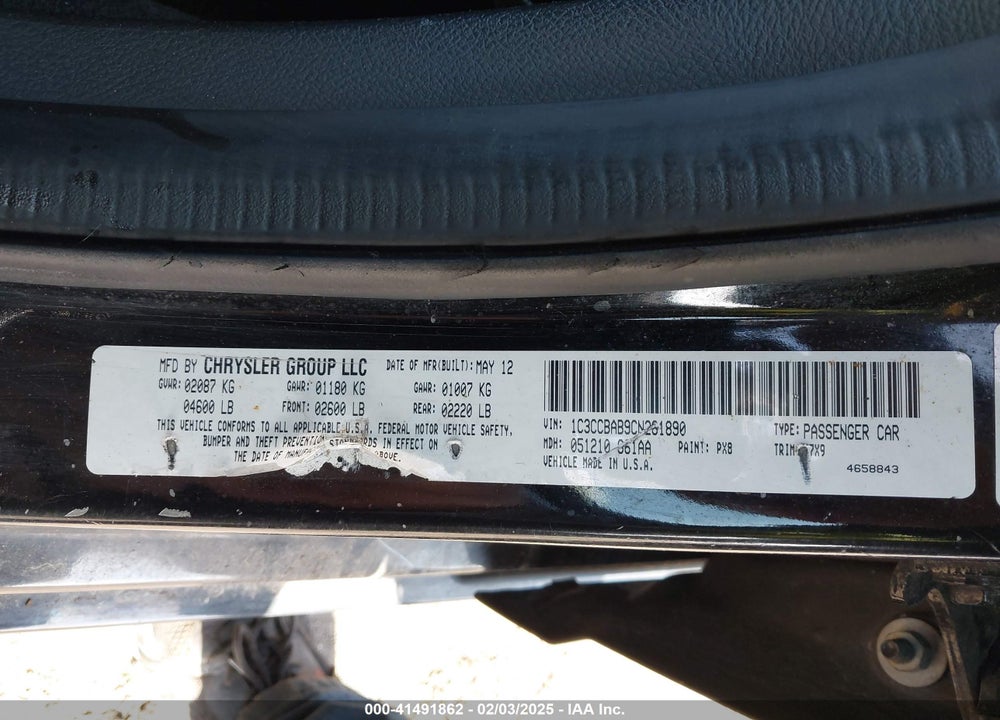 2012 CHRYSLER 200 LX VIN: 1C3CCBAB9CN281890