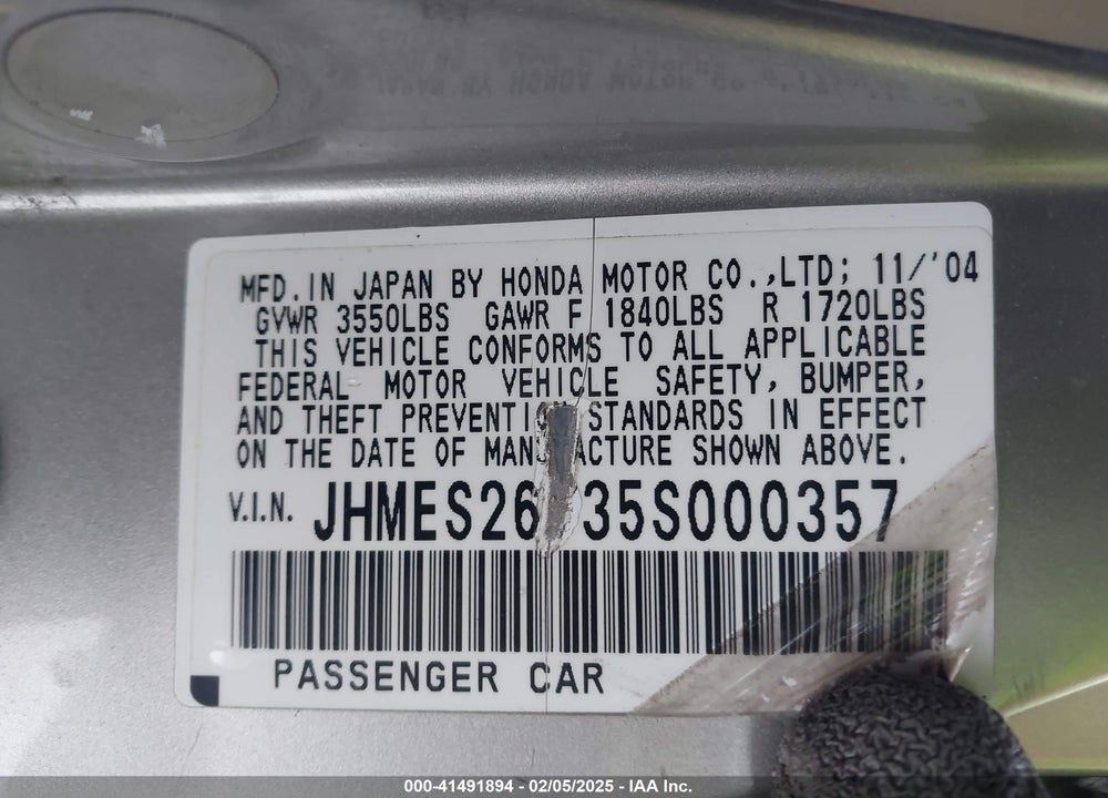 2005 HONDA CIVIC EX VIN: JHMES26735S000357