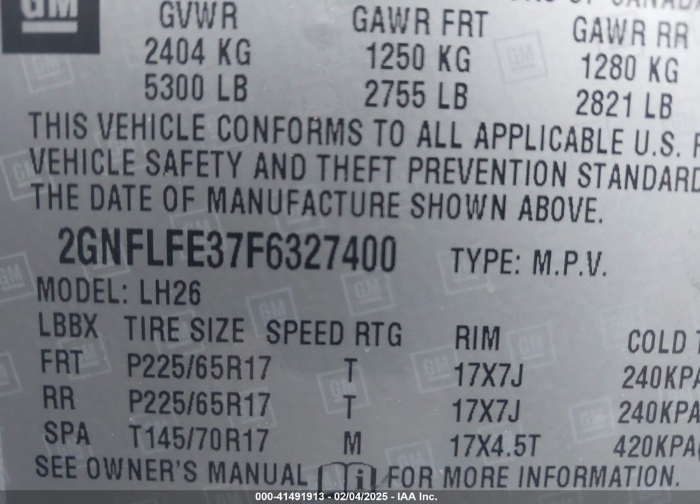 2015 CHEVROLET EQUINOX 1LT VIN: 2GNFLFE37F6327400