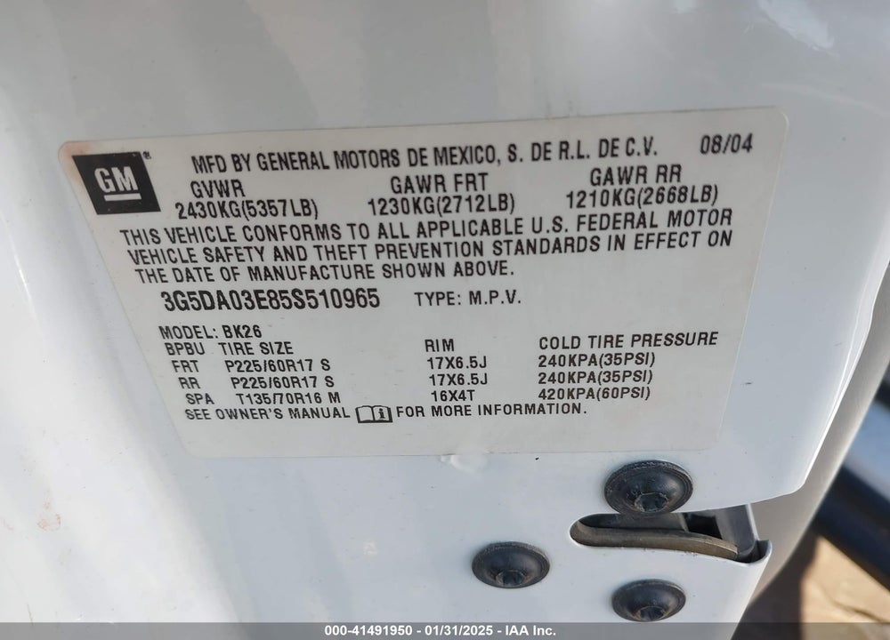 2005 BUICK RENDEZVOUS CX VIN: 3G5DA03E85S510965