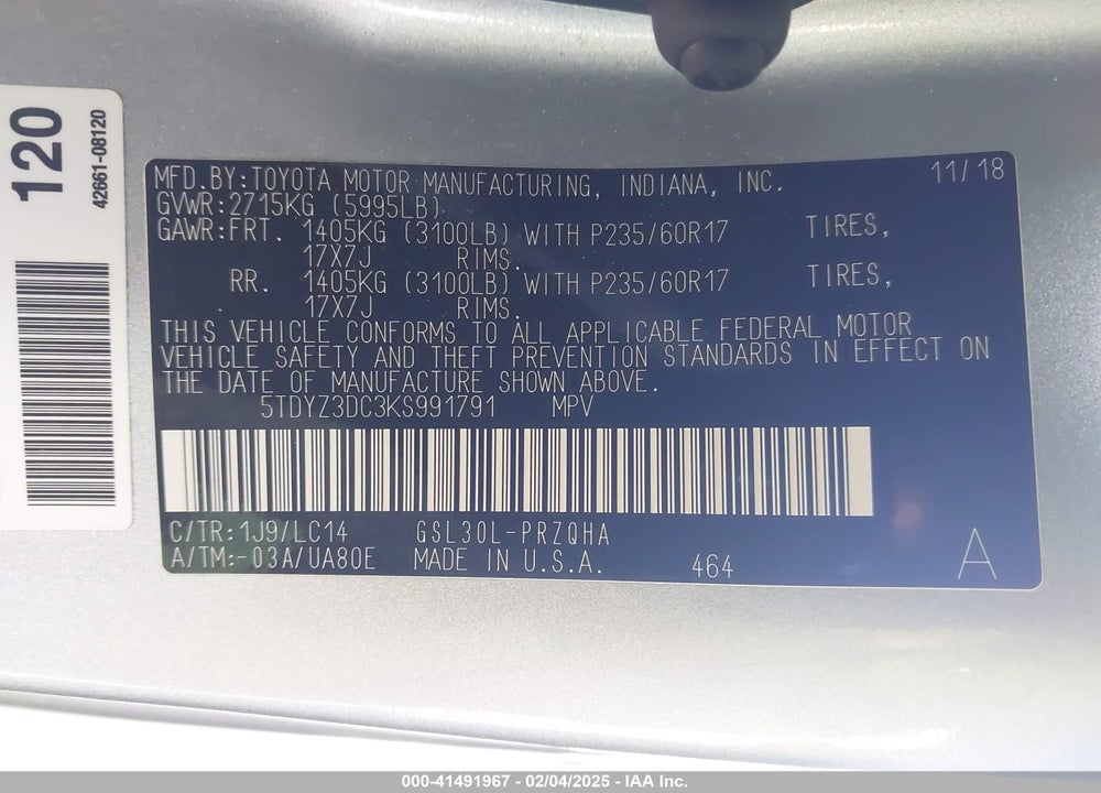 2019 TOYOTA SIENNA XLE 8 PASSENGER VIN: 5TDYZ3DC3KS991791