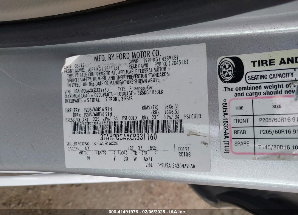 2012 FORD FUSION S VIN: 3FAHP0GAXCR331160