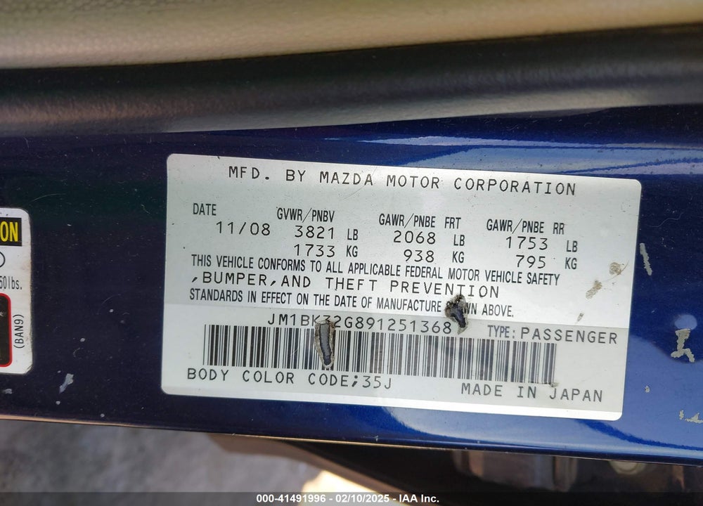 2009 MAZDA 3 I VIN: JM1BK32G891251368